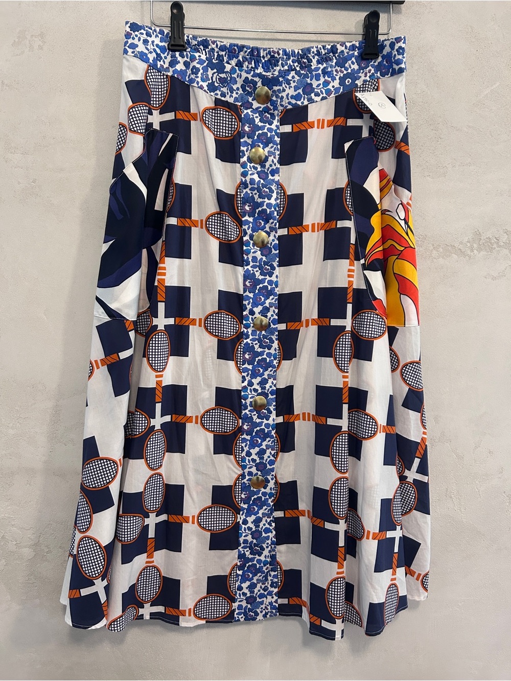 A-Line Printed Button-Front Skirt in Navy & White